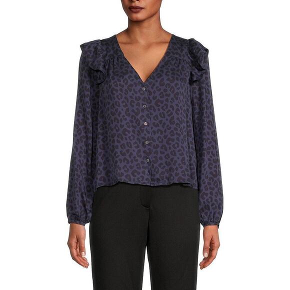 Marine Layer Rory Top Cheetah Animal Print Ruffle Long Sleeve Top Blue NWT S - Picture 3 of 8
